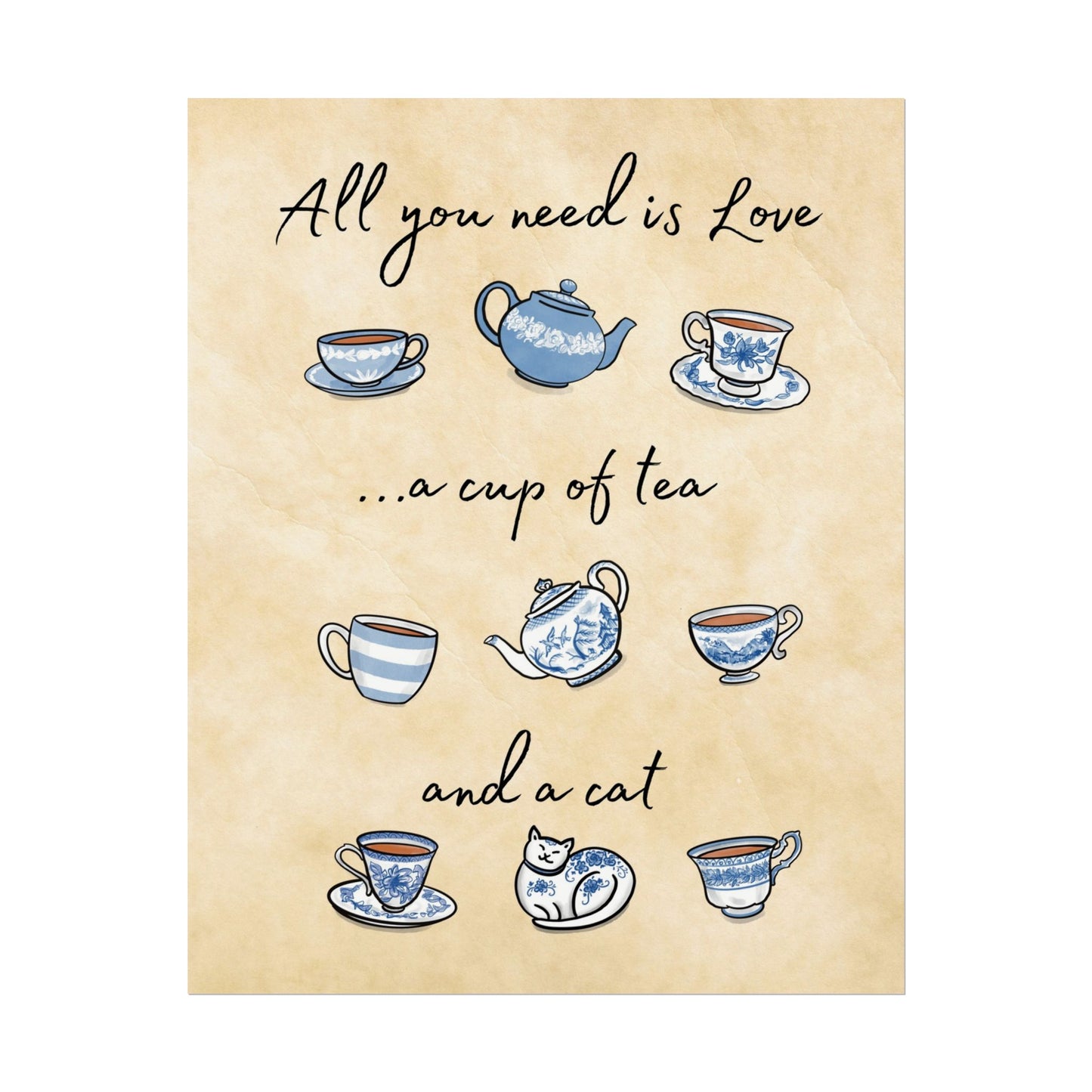 Love Tea and Cat Blue and White Wall Art