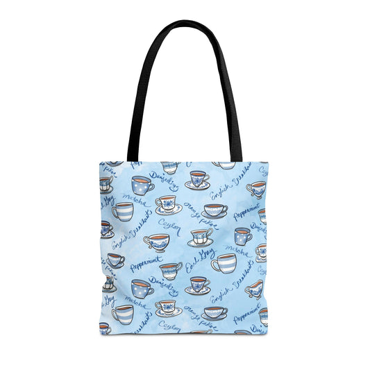 Tea Types Tote Bag, Blue and White cups