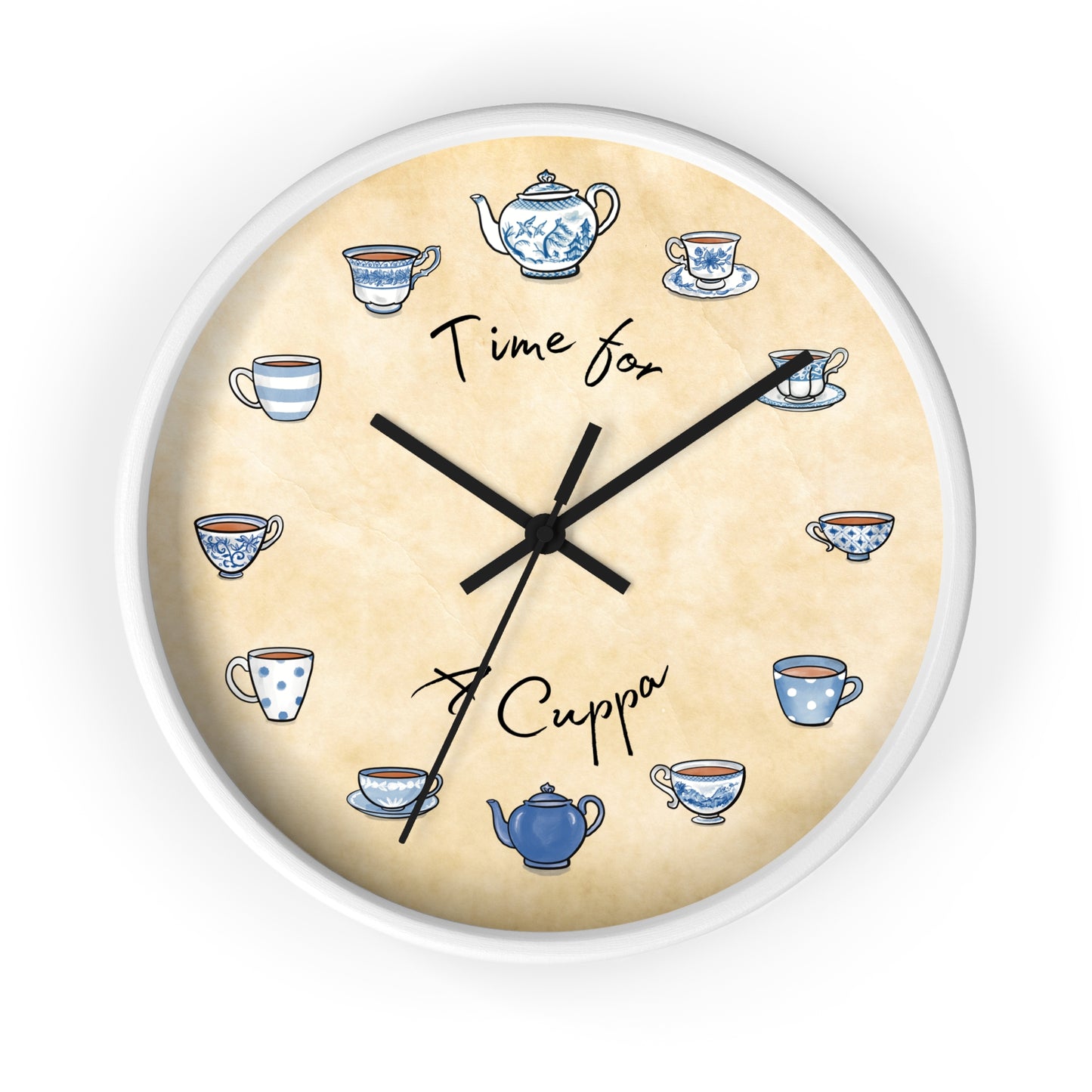 Time for a Cuppa Blue and White Teacups Wall Clock