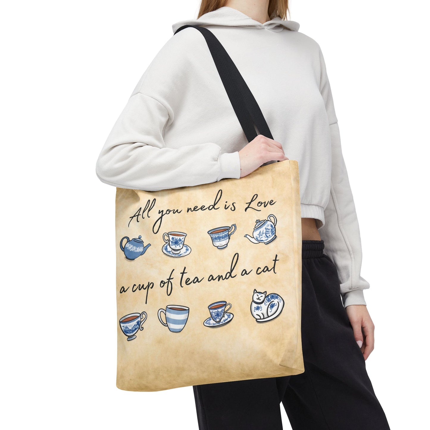 Love Tea and Cat Tote, Blue and White