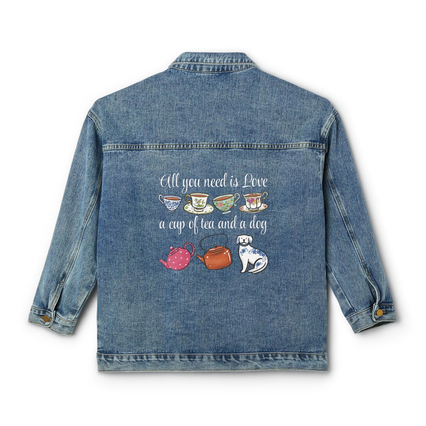 Love, Tea and Dog Multi Color Teacups Denim Jacket