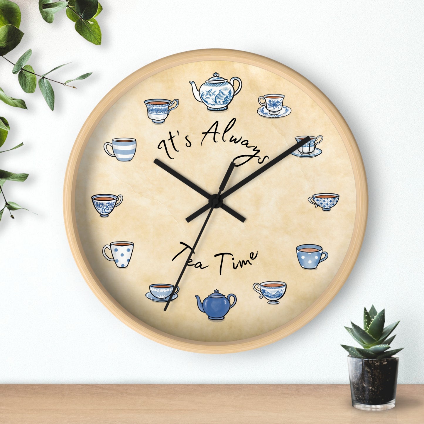 Always Tea Time Blue and White Teacups Wall Clock