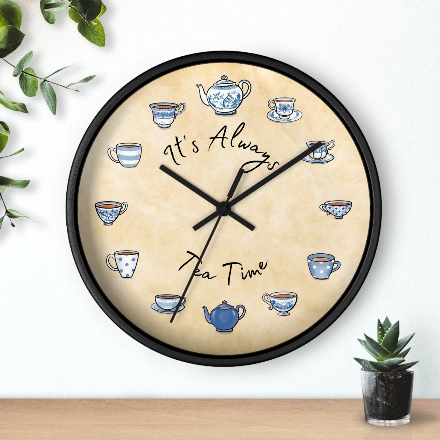 Always Tea Time Blue and White Teacups Wall Clock