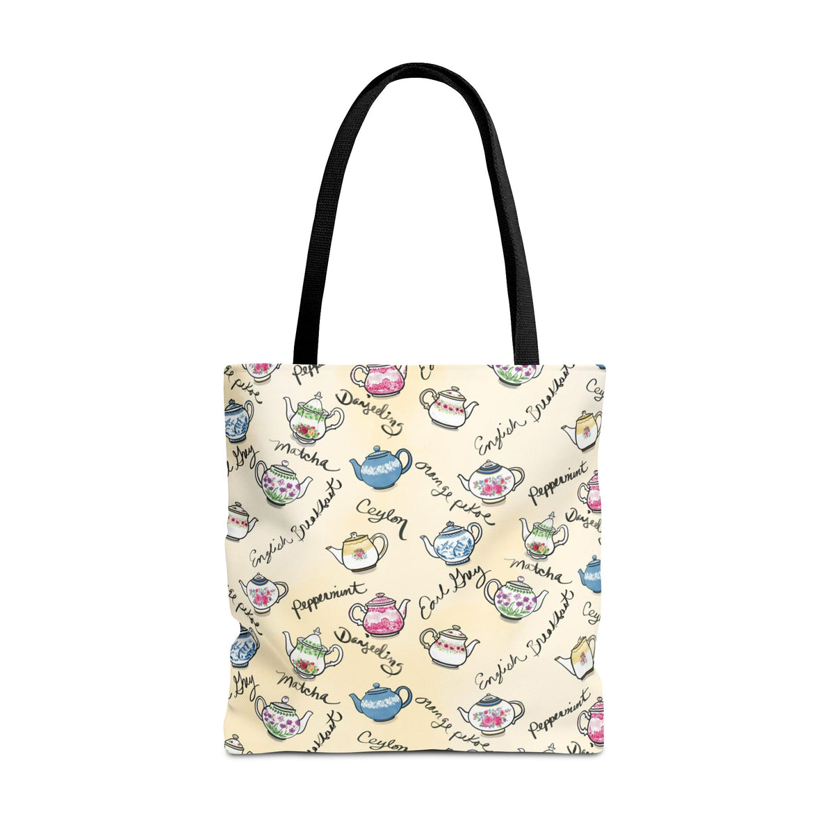 Tote bag with colorful teapot and tea types pattern on light background. Makes great gift for tea lover.