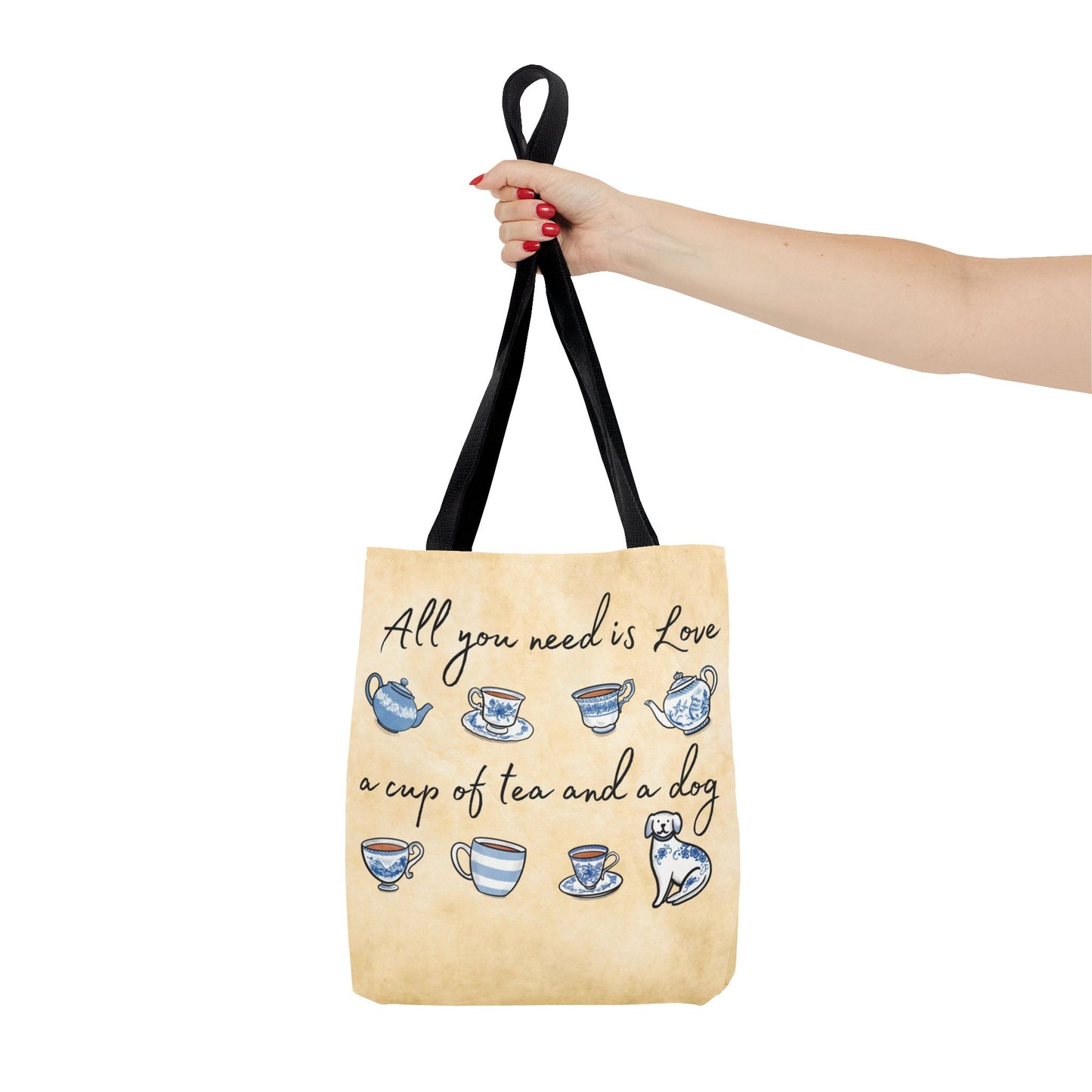 Love Tea and Dog Tote Bag, Blue and White Teacups