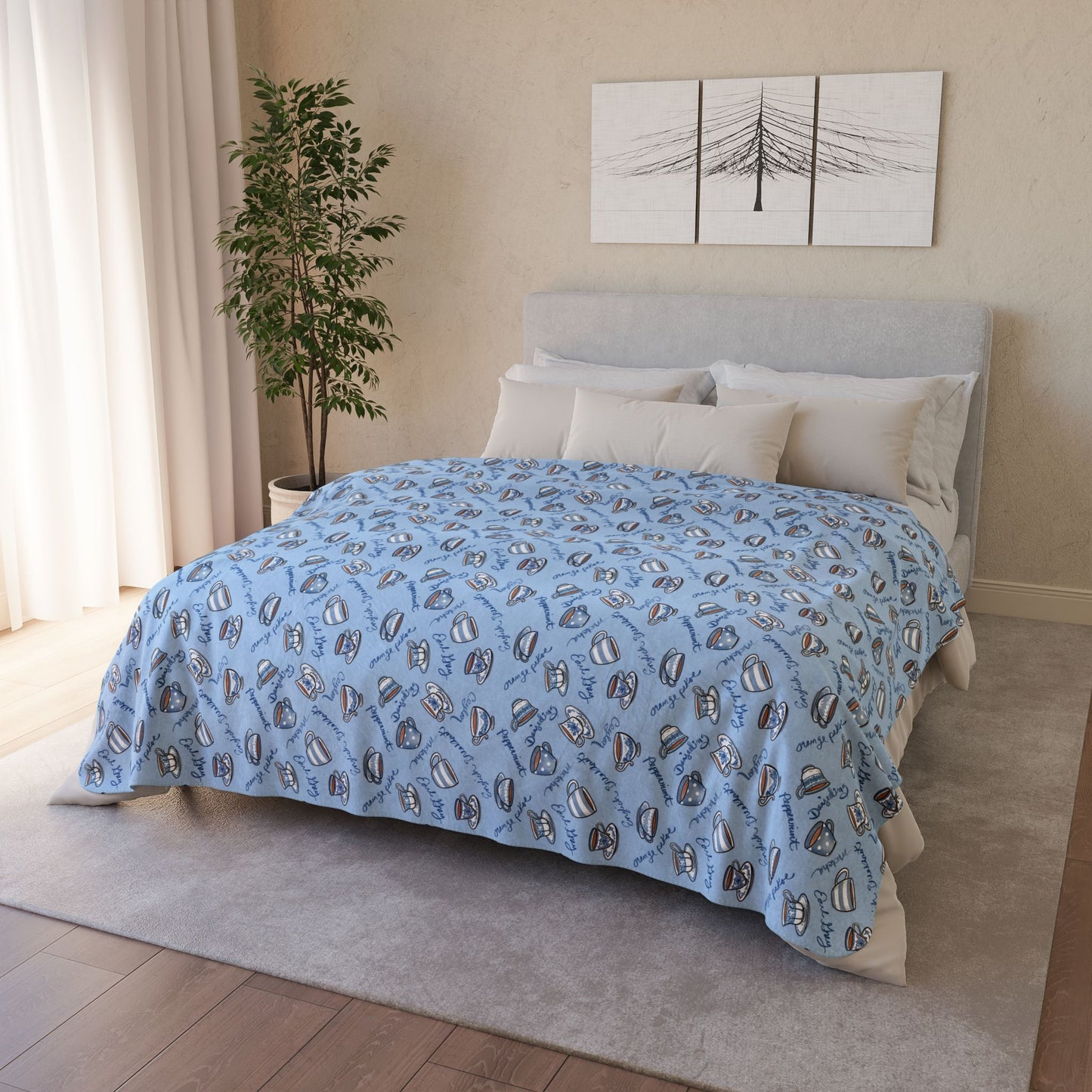 Blue and White Teacups Cozy Fleece Sherpa Blanket