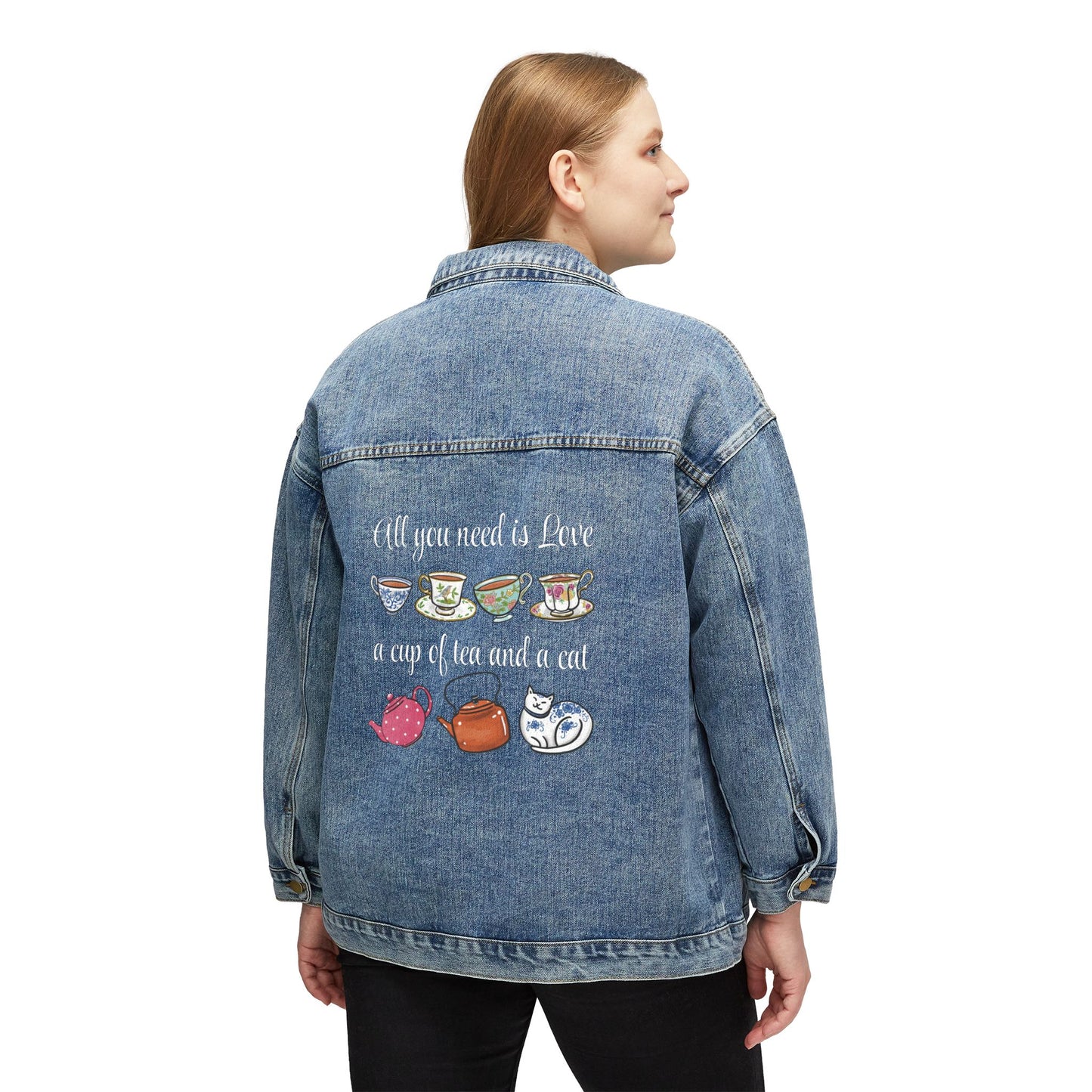 Love, Tea and Cat Multi Color Teacups Denim Jacket