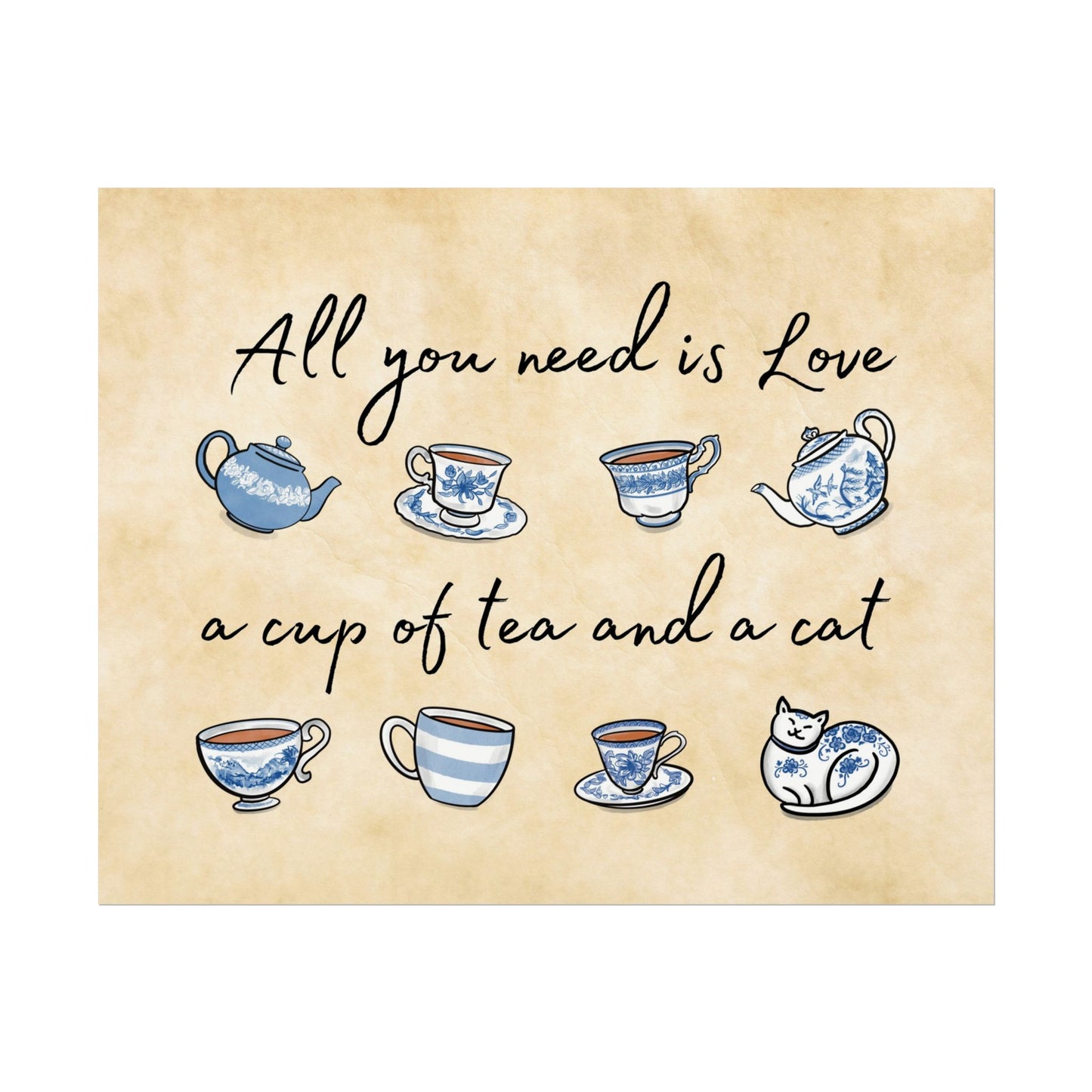 Love Tea and Cat Blue and White Wall Art