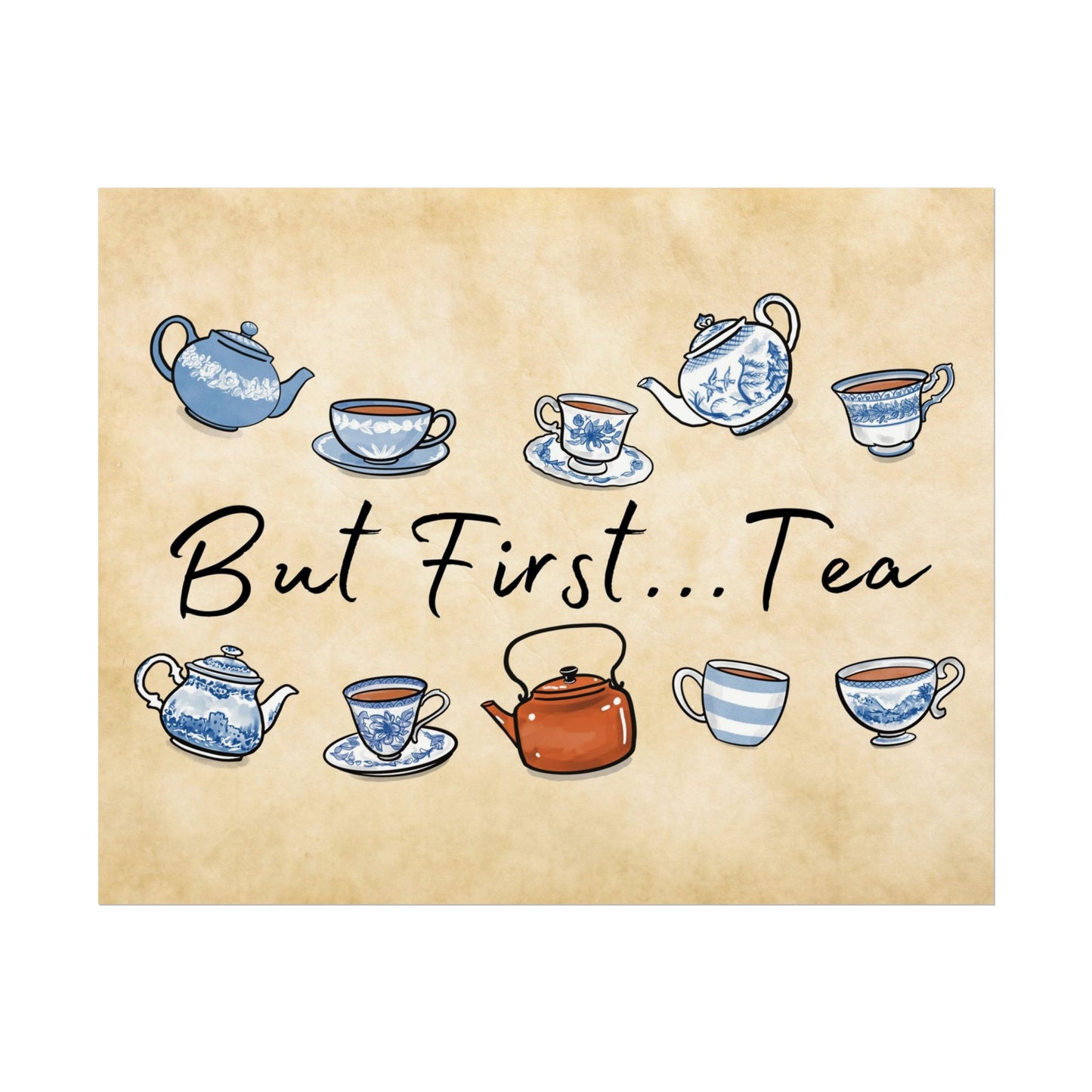 But First, Tea Blue and White Print