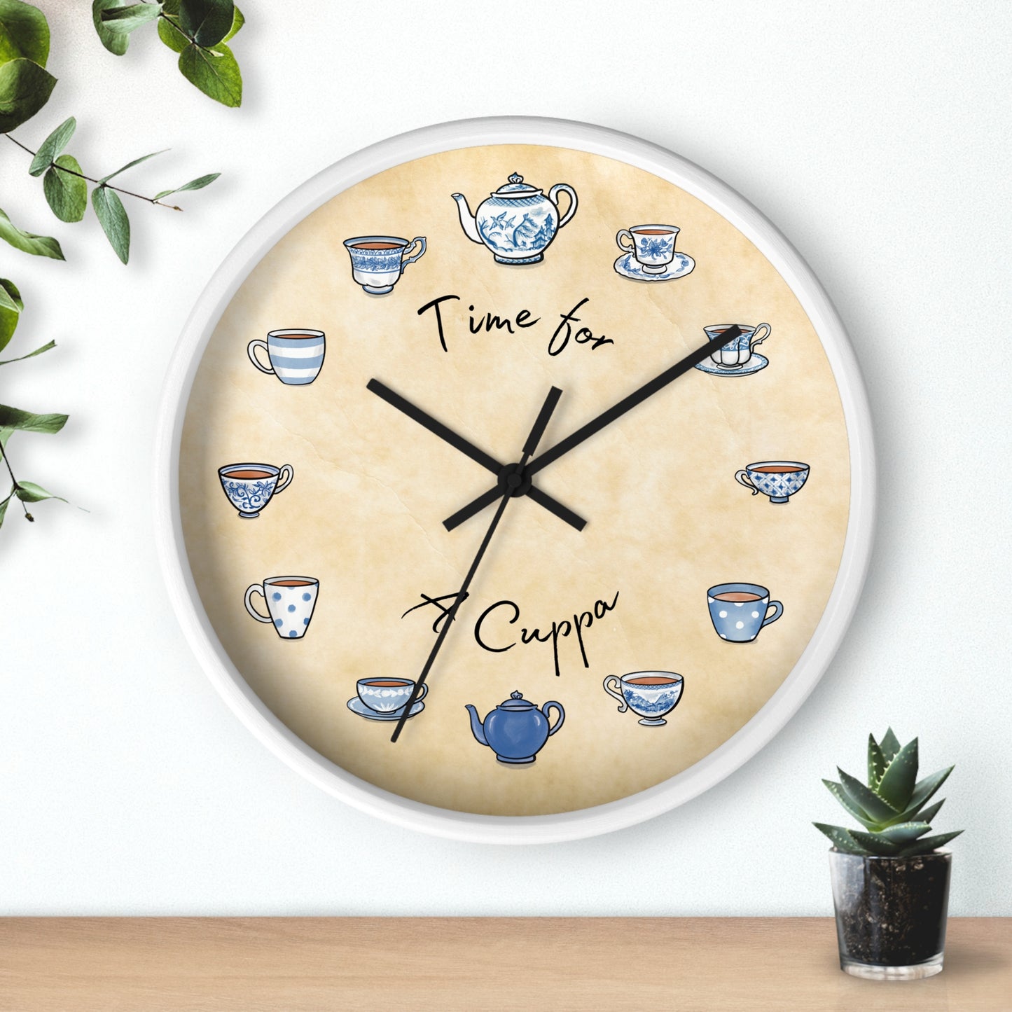 Time for a Cuppa Blue and White Teacups Wall Clock