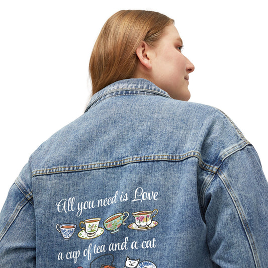 Love, Tea and Cat Multi Color Teacups Denim Jacket