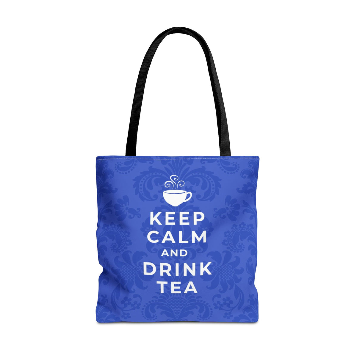 Blue tote bag 'Keep Calm and Drink Tea' phrase and a hand drawn tea cup icon with damask pattern beneath. A practical gift for tea lover.