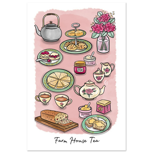 A whimsical hand-drawn illustration of a tea time spread with the text 'Farm House Tea' at the bottom. Ideal kitchen decor for tea lover.