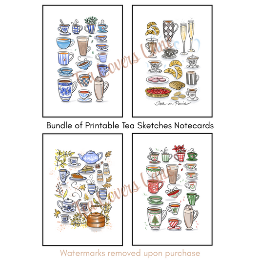 Printable Bundle of Tea Sketches Notecards