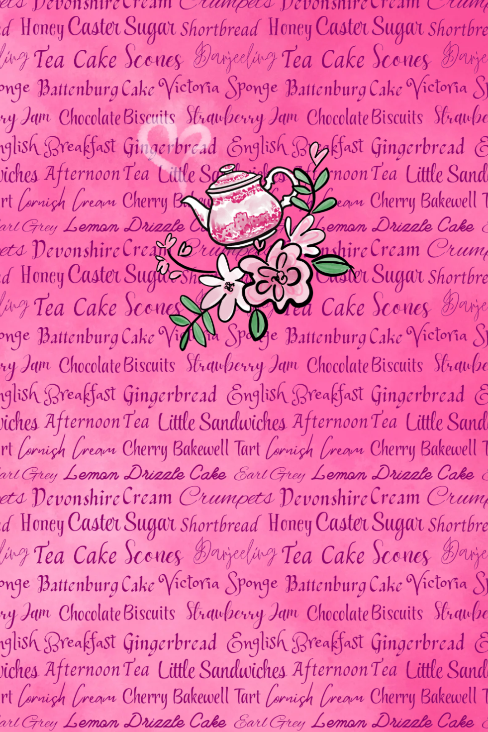Cover art - Pink journal with tea time treats word background design and whimsical hand drawn teapot accent