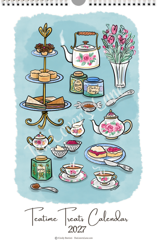 Cover of 2027 Teatime Treats Calendar featuring a watercolor-style illustration of Afternoon tea items.