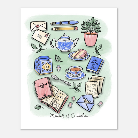 Hand drawn wall art celebrating Moments of Connection. Features teacup and teapot with journal, book, stationery and cake.