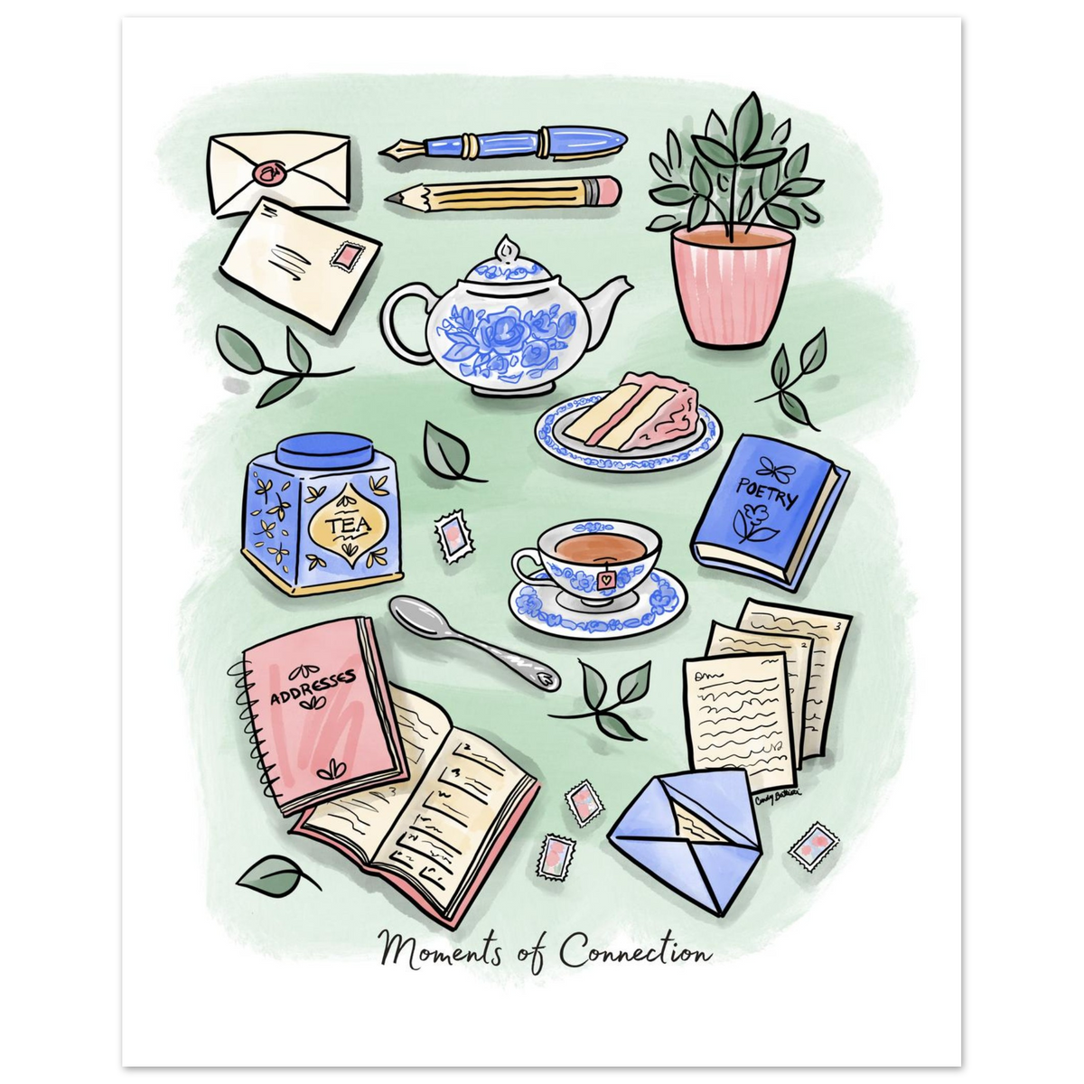 Hand drawn Moments of Connection art print celebrates simple pleasures: sitting down with a cup of tea, pen and paper, a favorite book, journal.