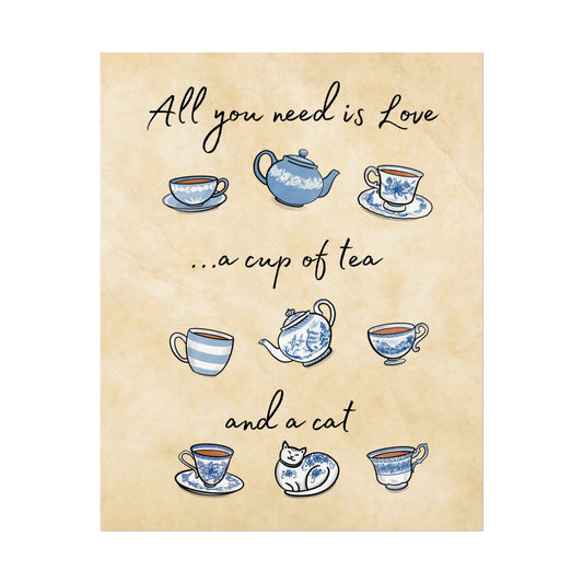 Love Tea and Cat Blue and White Wall Art