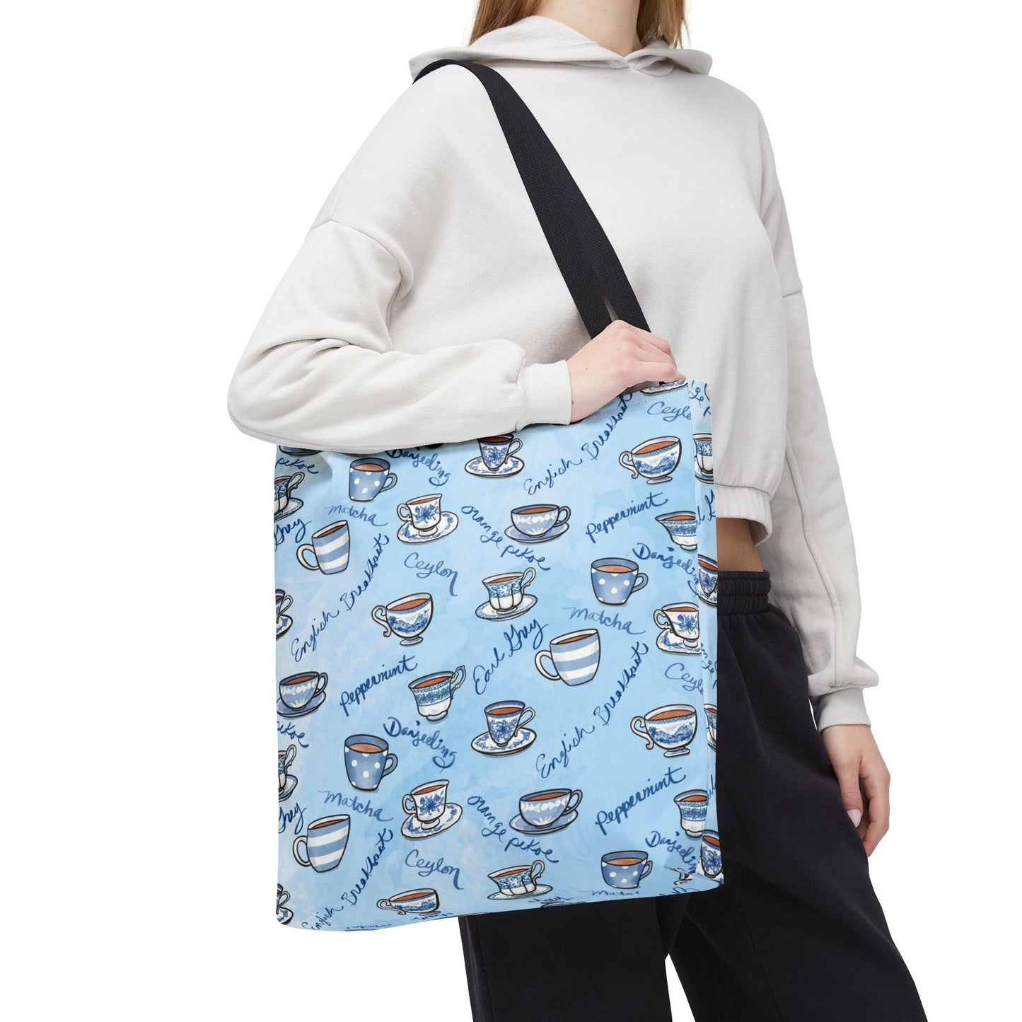 Tea Types Tote Bag, Blue and White cups