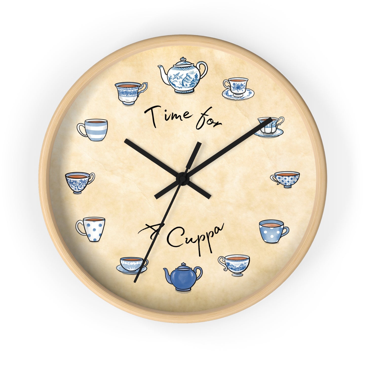 Time for a Cuppa Blue and White Teacups Wall Clock