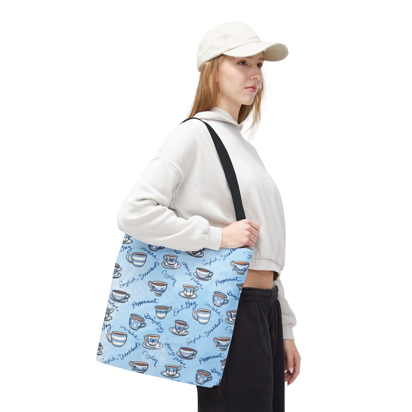 Tea Types Tote Bag, Blue and White cups