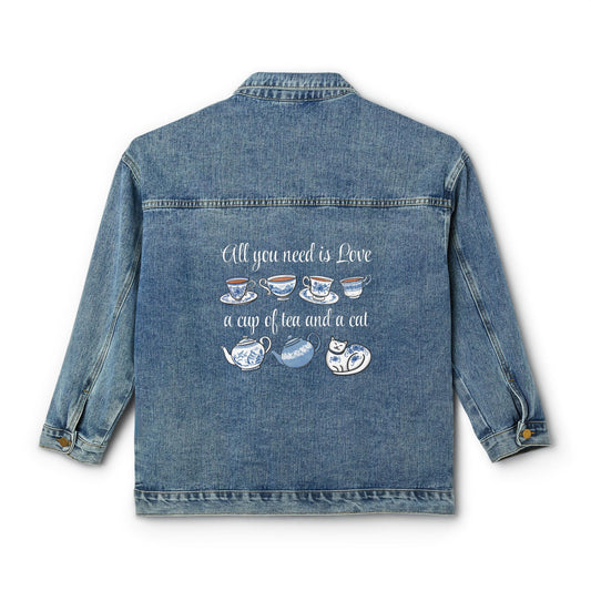 Love, Tea and Cat Blue Teacups Denim Jacket