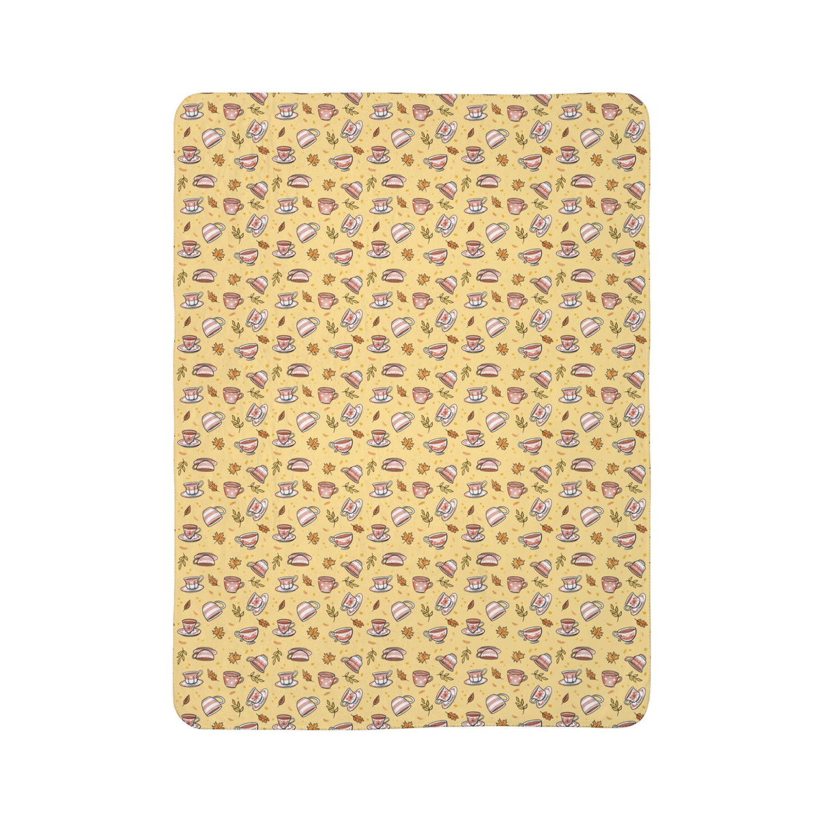 Hand drawn autumn teacups design on a pale yellow fleece blanket - flat view
