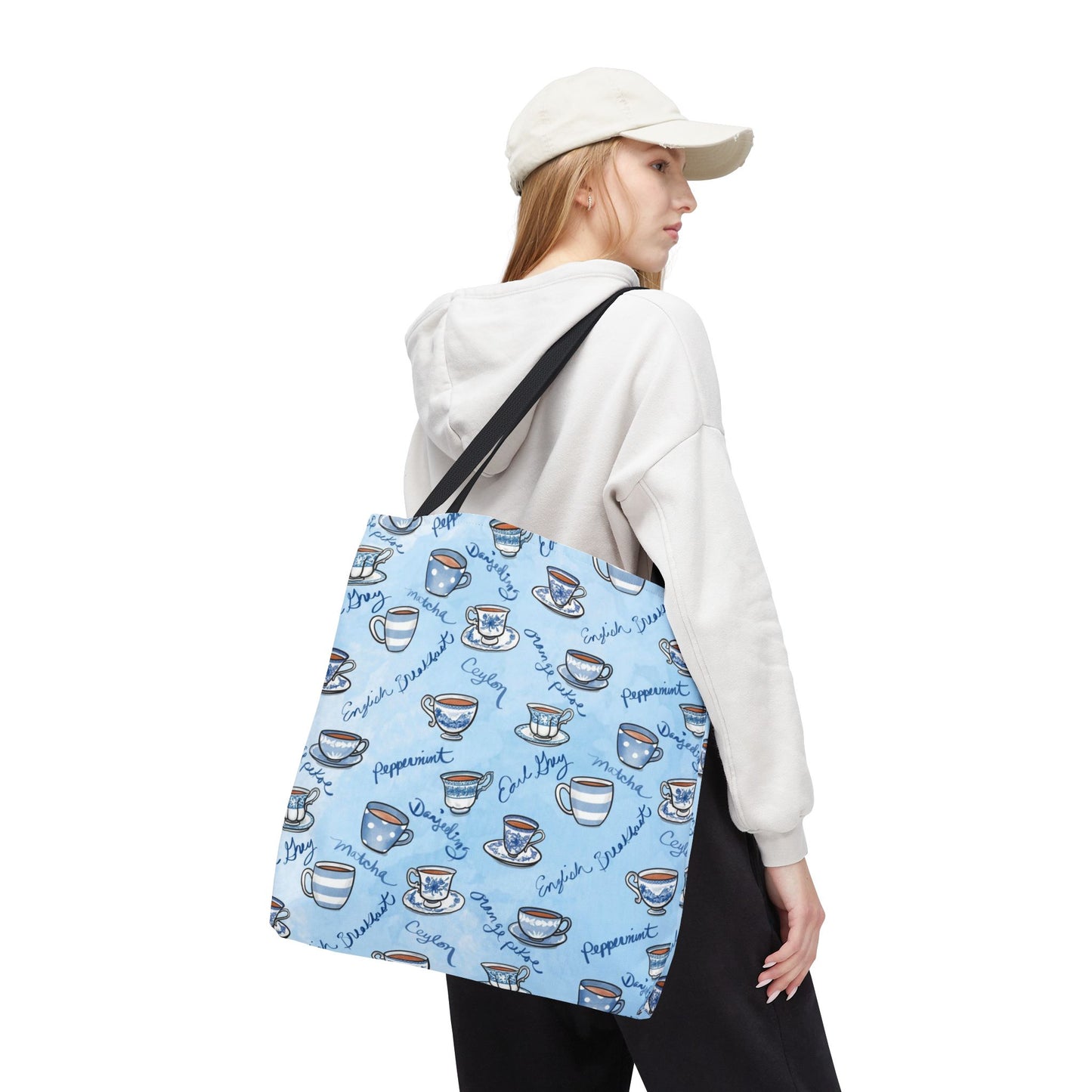 Tea Types Tote Bag, Blue and White cups
