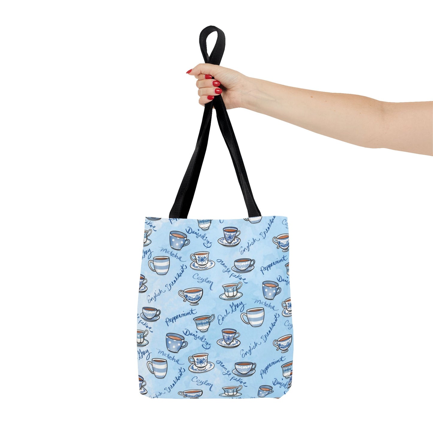 Tea Types Tote Bag, Blue and White Teacups