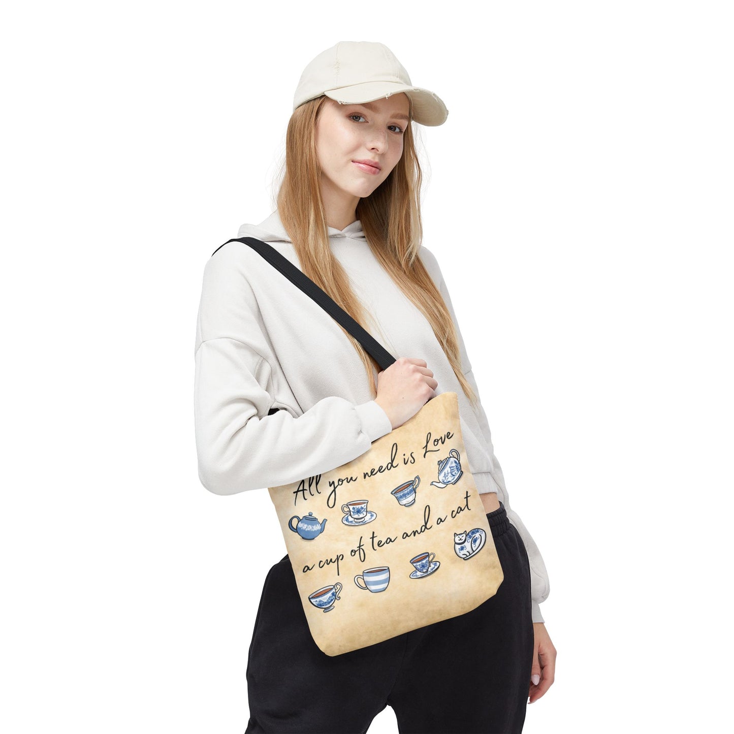 Love Tea and Cat Tote, Blue and White
