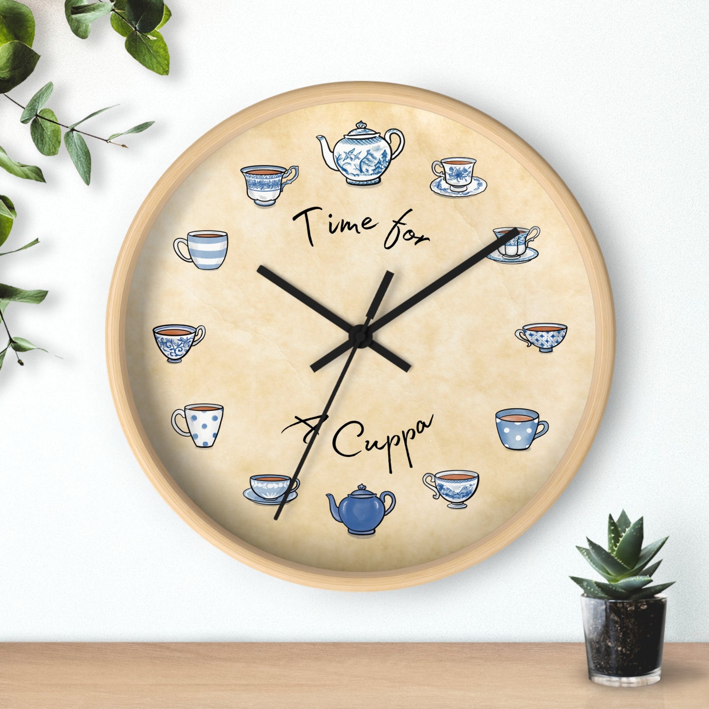 Time for a Cuppa Blue and White Teacups Wall Clock