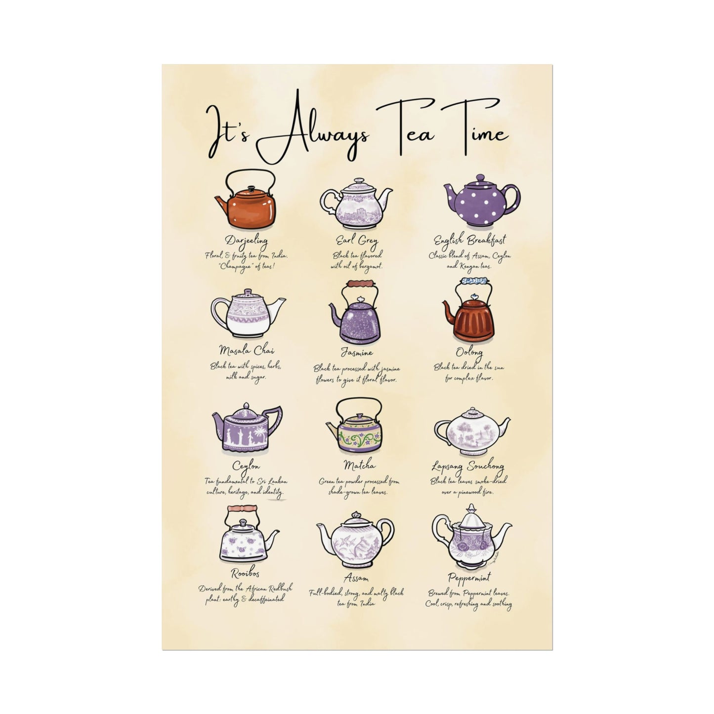 Tea Types Lilac Teapots Poster