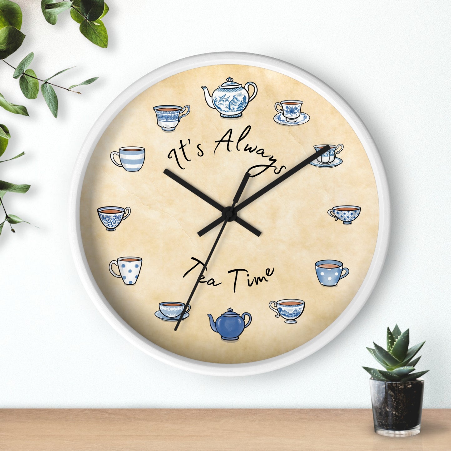 Always Tea Time Blue and White Teacups Wall Clock