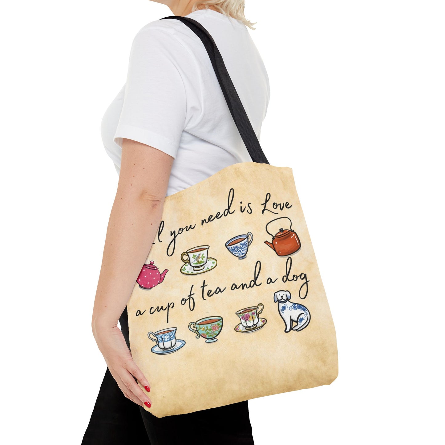 Love Tea and Dog Tote Bag, Multi Color cups