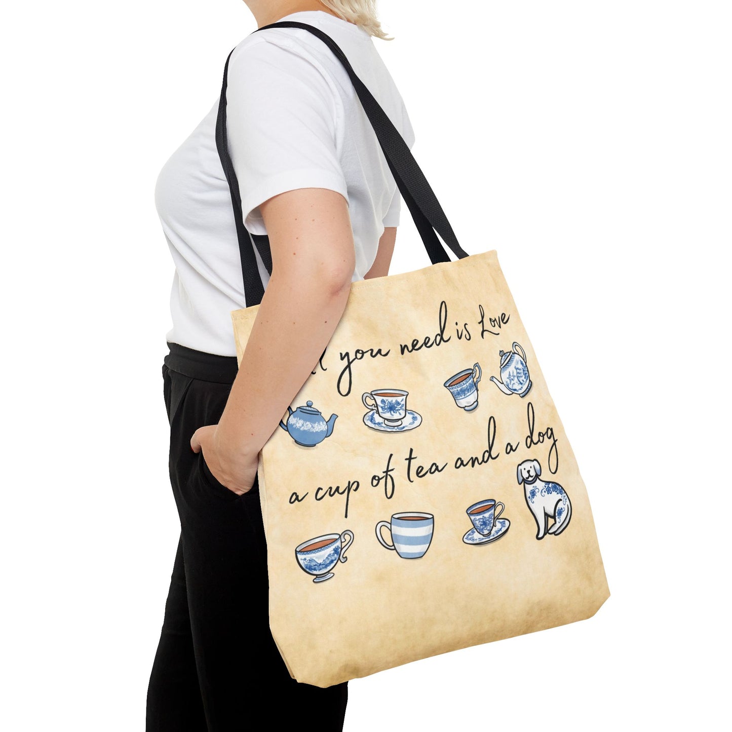 Love Tea and Dog Tote Bag, Blue and White