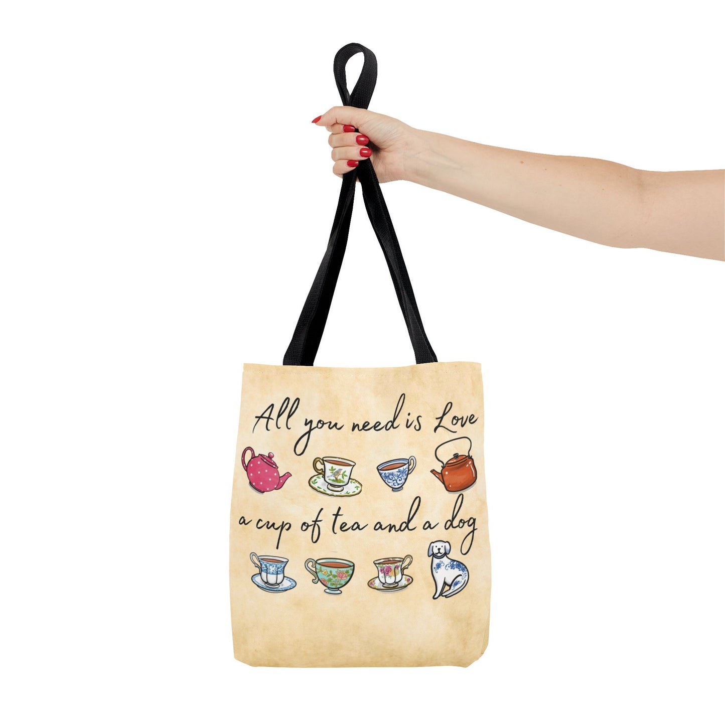 Love Tea and Dog Tote Bag, Multi Color Teacups