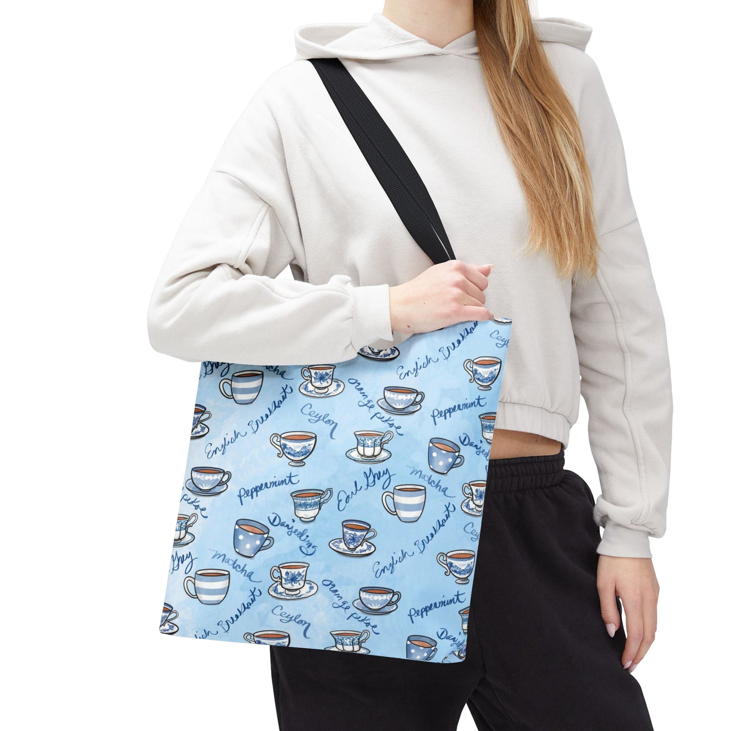 Tea Types Tote Bag, Blue and White cups