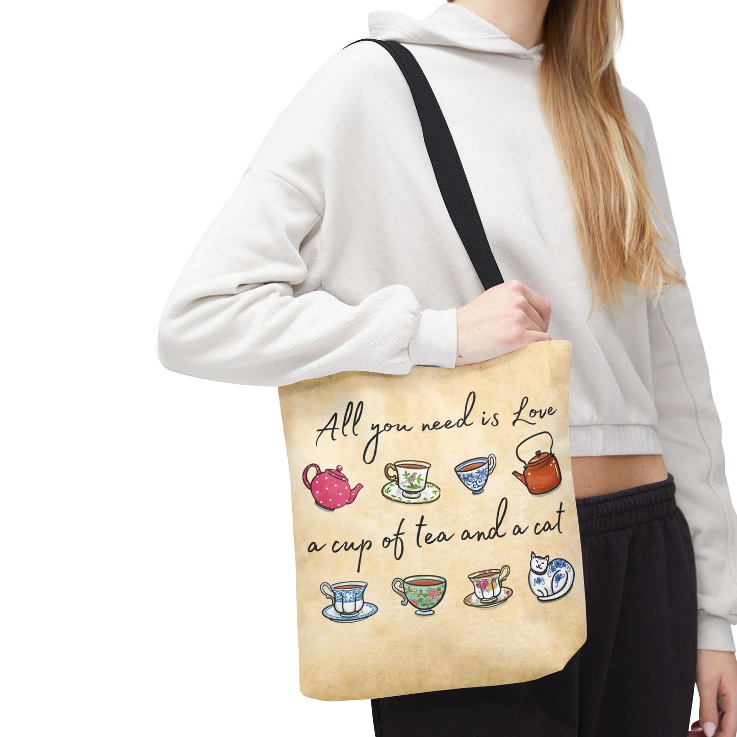 Love Tea and Cat Tote Bag, Multi Color cups