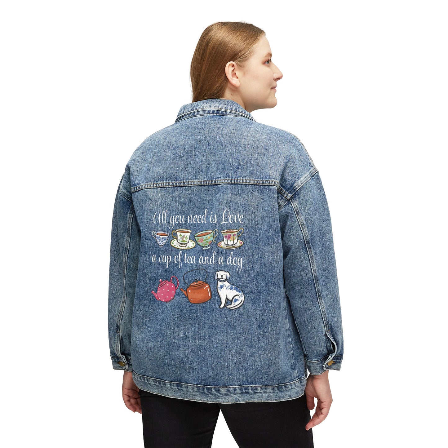 Love, Tea and Dog Multi Color Teacups Denim Jacket