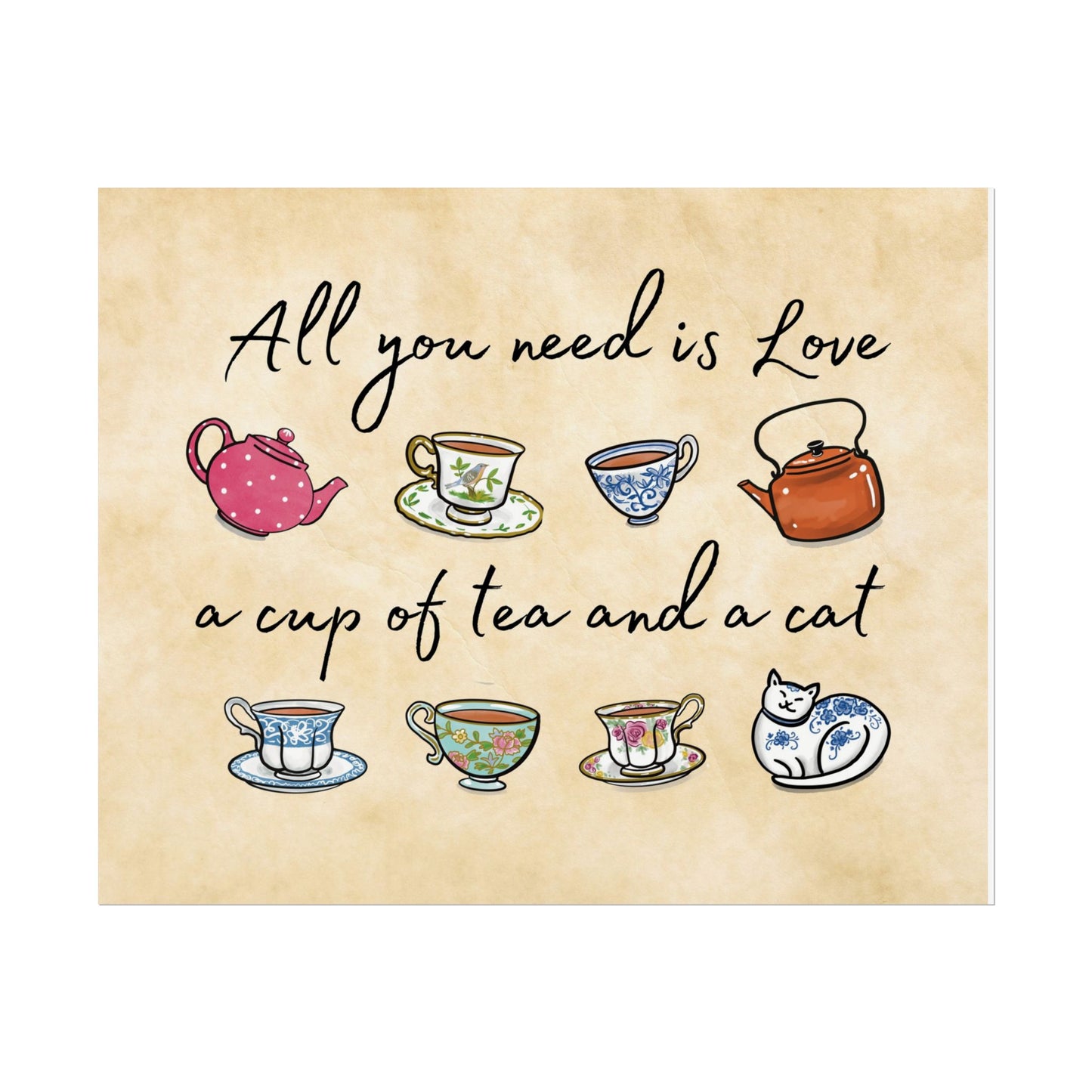 Love Tea and Cat Multi Color Wall Art
