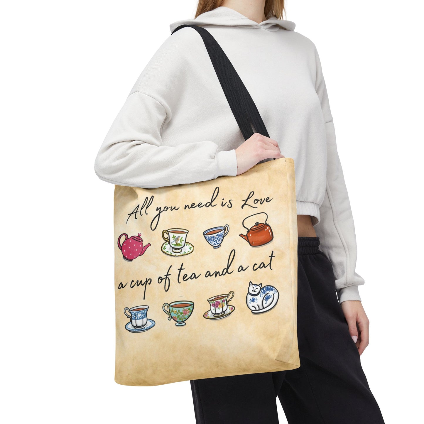 Love Tea and Cat Tote Bag, Multi Color cups