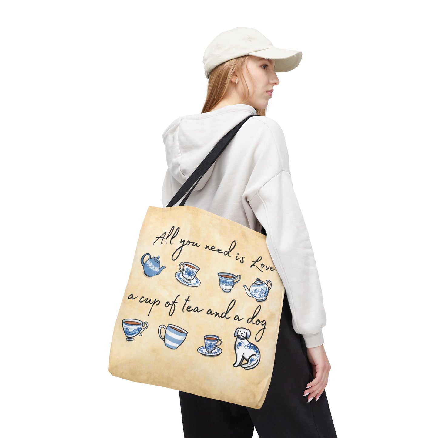 Love Tea and Dog Tote Bag, Blue and White