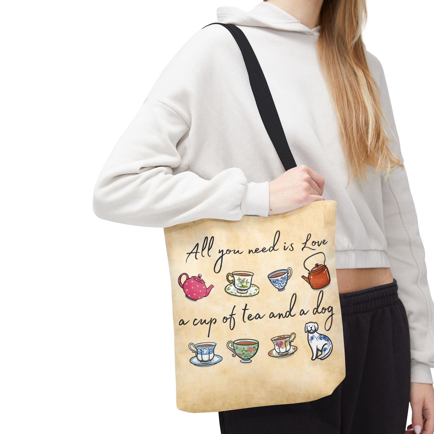 Love Tea and Dog Tote Bag, Multi Color cups