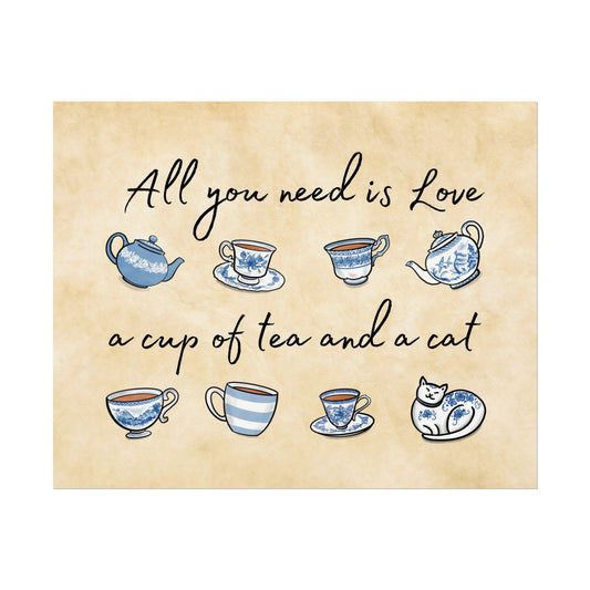 Love Tea and Cat Blue and White Wall Art