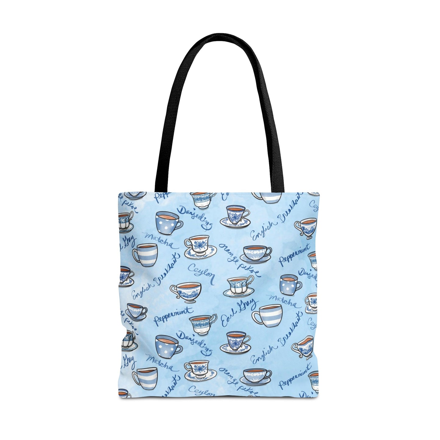 Tea Types Tote Bag, Blue and White cups