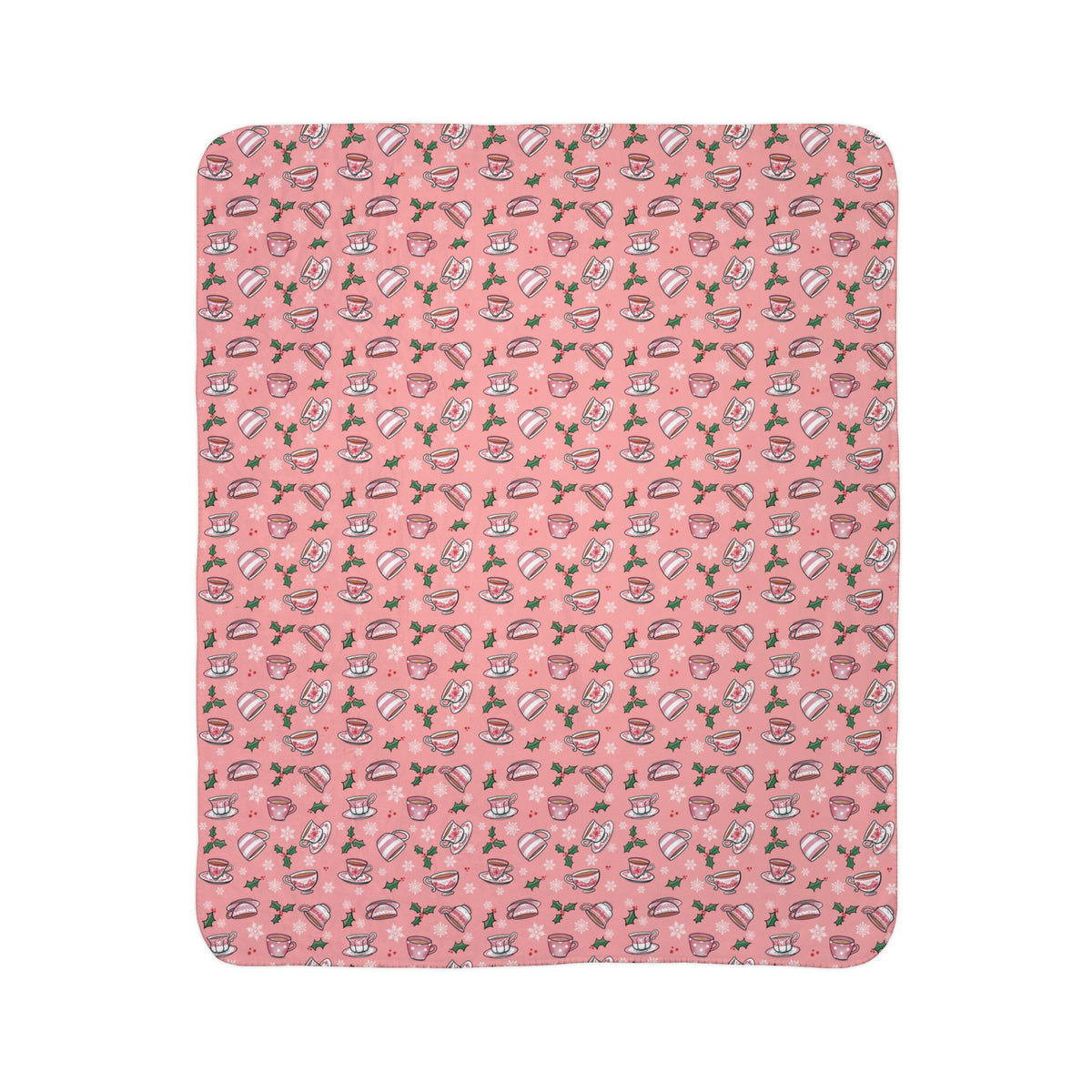Hand drawn teacups with holly and snowflakes on a soft pink fleece blanket Flat view