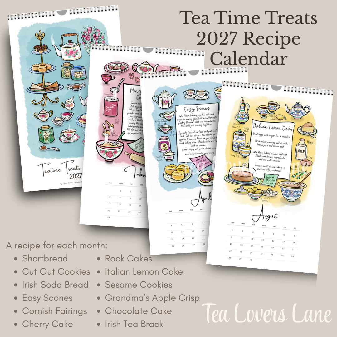 Teacup art recipe Calendar for 2027 features 12 hand drawn watercolor style illustrations with a different recipe each month.