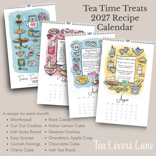 Teacup art recipe Calendar for 2027 features 12 hand drawn watercolor style illustrations with a different recipe each month.
