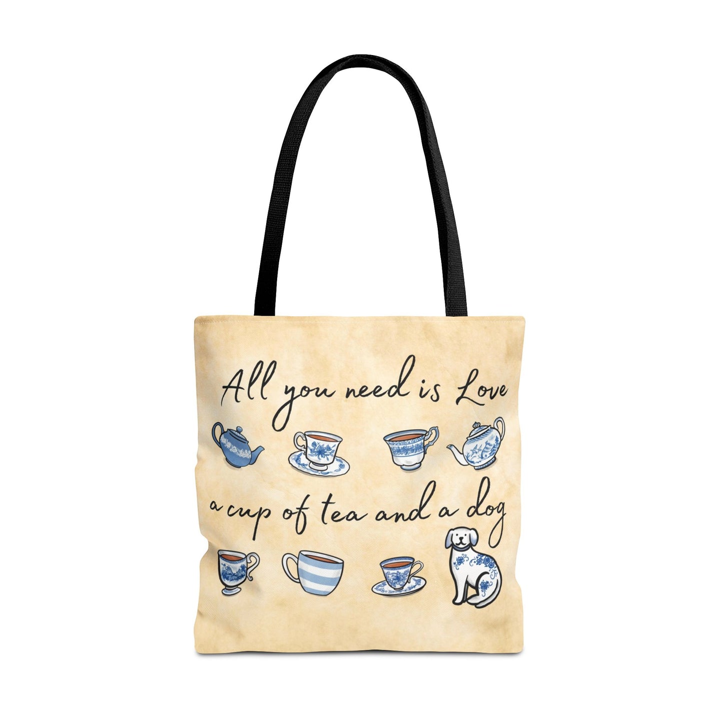 Love Tea and Dog Tote Bag, Blue and White